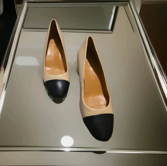 J.Crew women's leather block heel pumps in a beige and black colorblock Sz 10 - Picture 1 of 6
